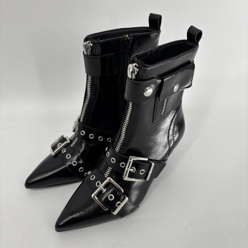 Wild Pair Women's Moonbeam Leather Buckle Heel Booties Black Crinkle Size 6M NWB - Picture 6 of 9